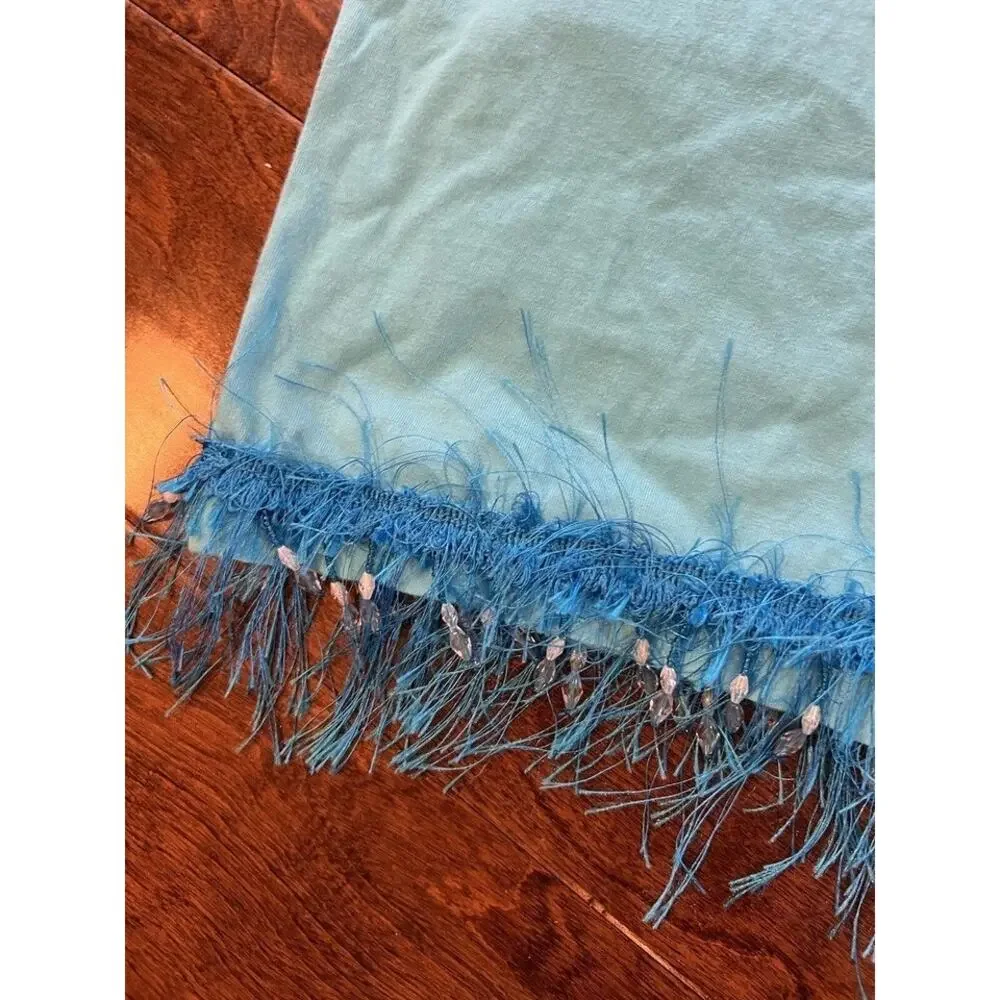 Vintage LAT‎ XL Blue Flower Beaded Tassel Pocket Tee T-Shirt